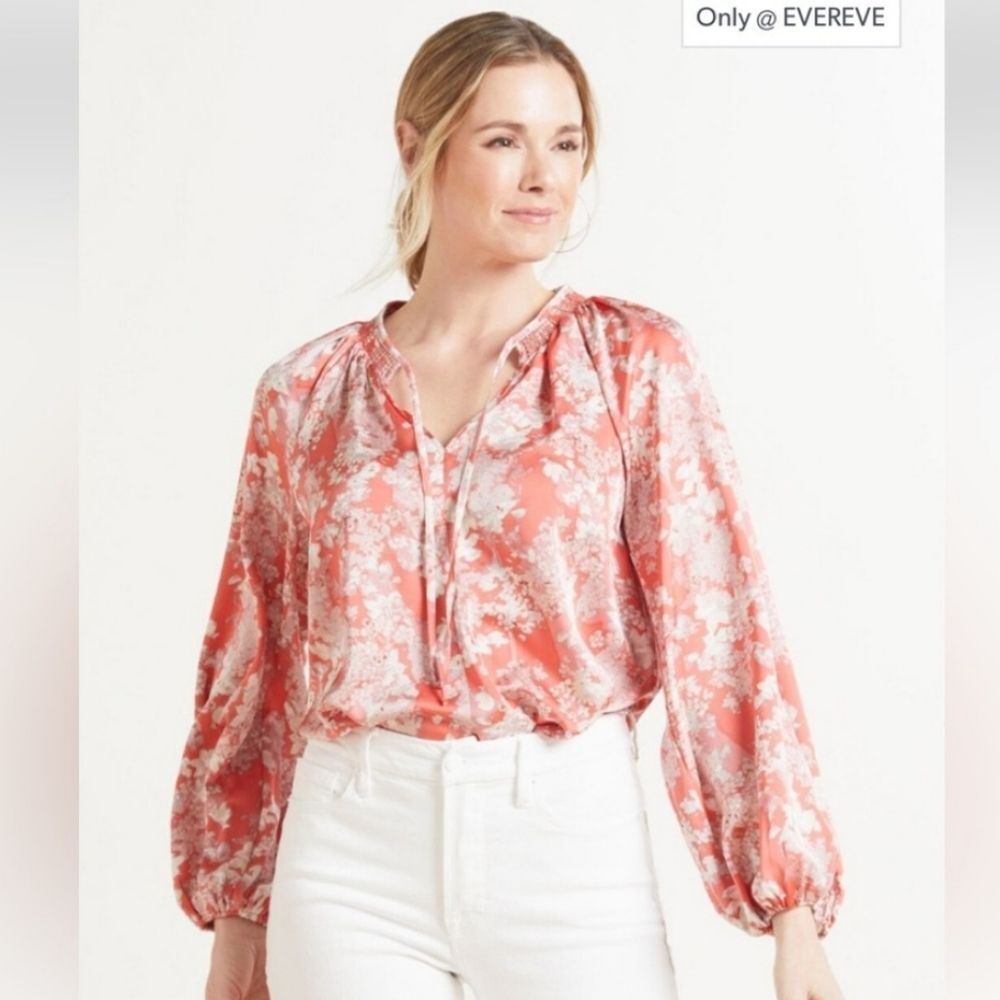 Evereve Keira Smocked Neck Pink Red Coral Floral Blouse Size S